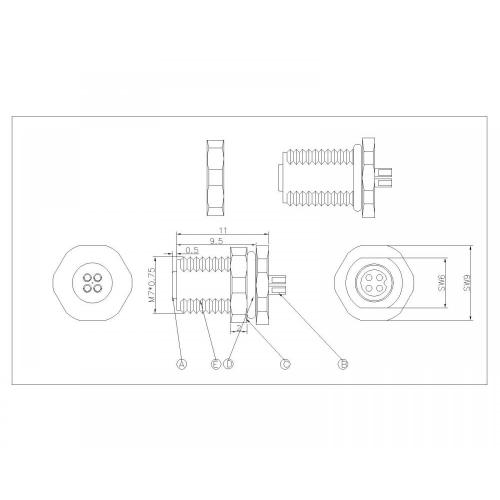 M5 2-4P Waterproof Female Wire Side Lock Front