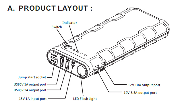 multi-function jump starter with SOS light, mobile phone charge