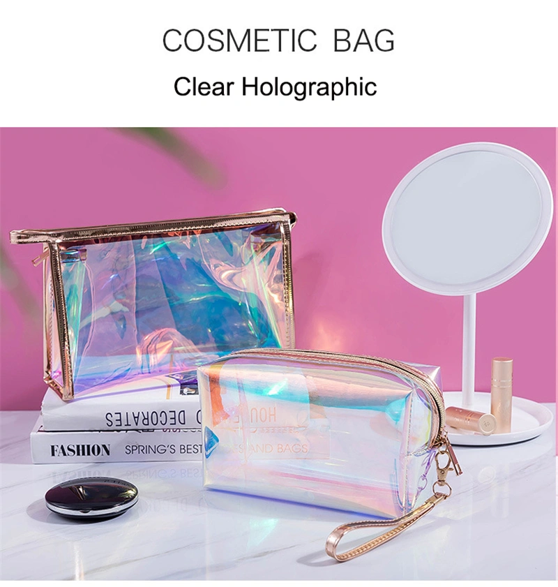 Low MOQ 100PCS Custom Logo New Fashion Transparent Laser Cosmetic Pouch Luxury Print Clear Holographic Makeup Bag