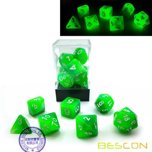 Bescon Farbverlauf glühende polyedrische Würfel 7pcs Set Waldlicht, schrittweise leuchtende RPG Würfel Set Glow in Dark, Neuheit DND Spiel Würfel