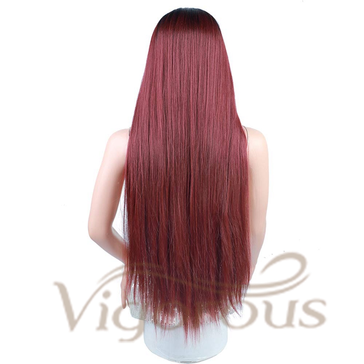 Vigorous Wholesale High Quality Long Middle Part Silky Straight Ombre Burgundy Dark Root For Black Women Synthetic Hair Wigs