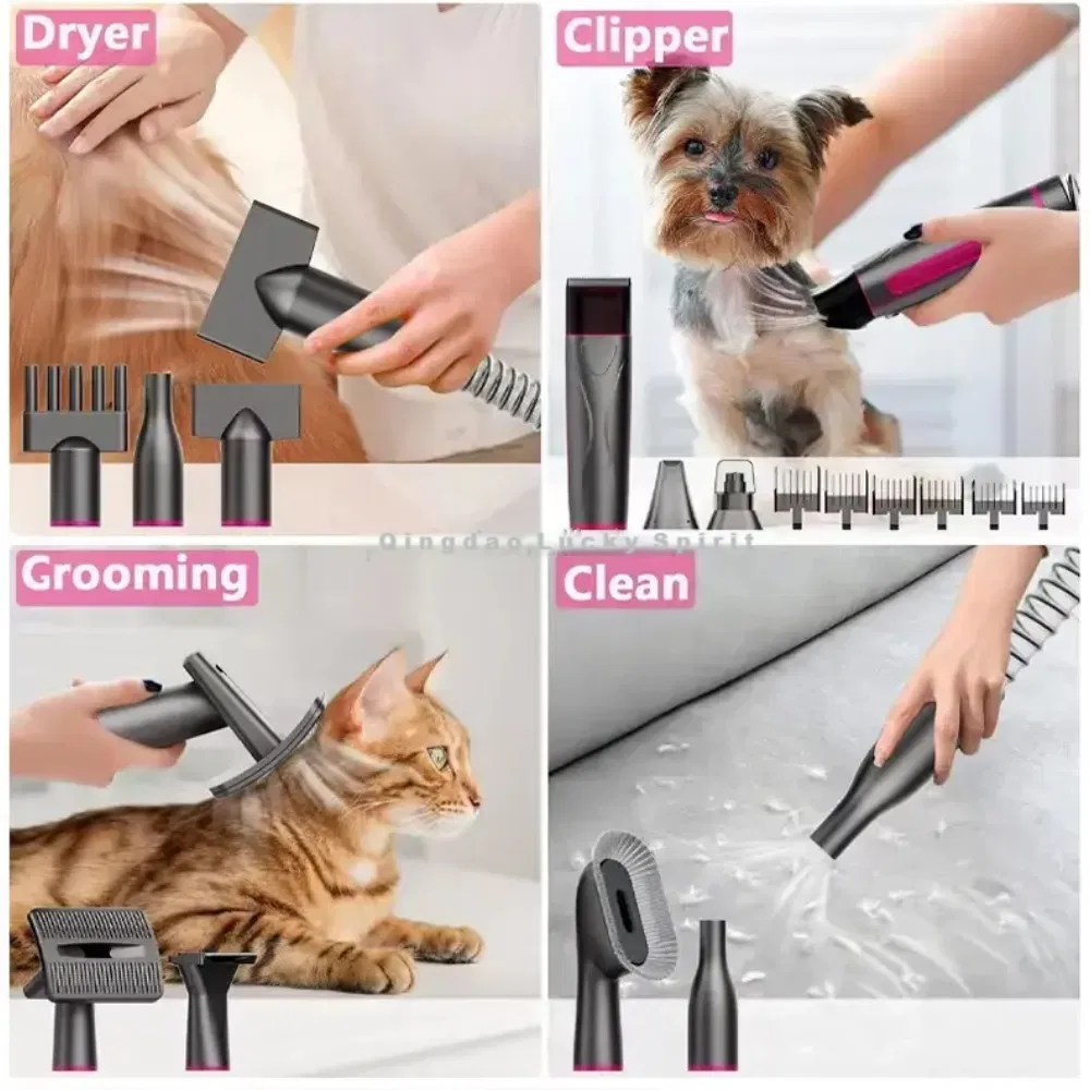 Adjustable Temperature Pet Grooming Clippers Kit Dog Hair Dryer with Vacuum Suction Dog Nail Trimming Pet Grooming Kit