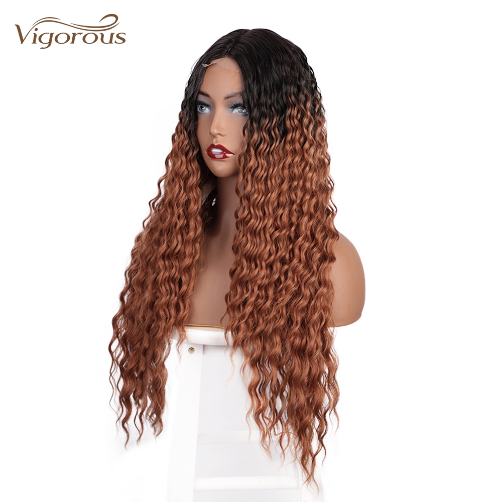 Vigorous High Quality Long Jerry Curl Small Part Lace Natural Hairline Ombre Honey Brown For Black Women Synthetic Hair Wigs