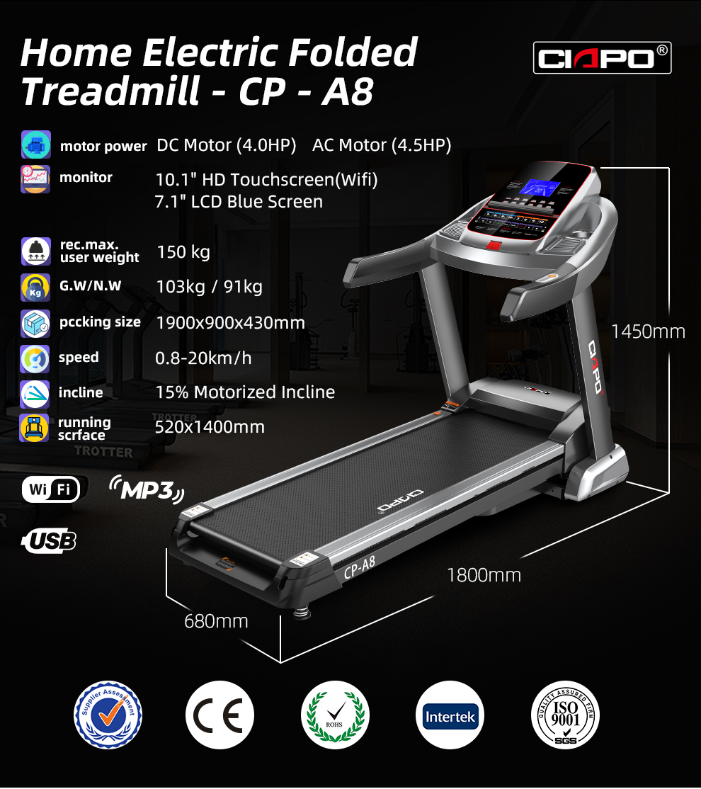 Body exercise equipment treadmill machine CP-A8 LED screen 4HP AC motor