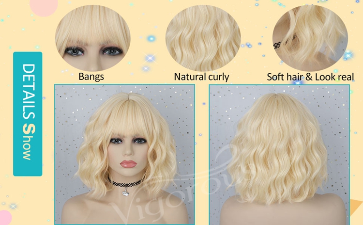 Short Blonde Wavy Bob Wig with Bangs for Women Girls Natural Looking Pastel Blonde Wigs Curly for Daily Cosplay Halloween