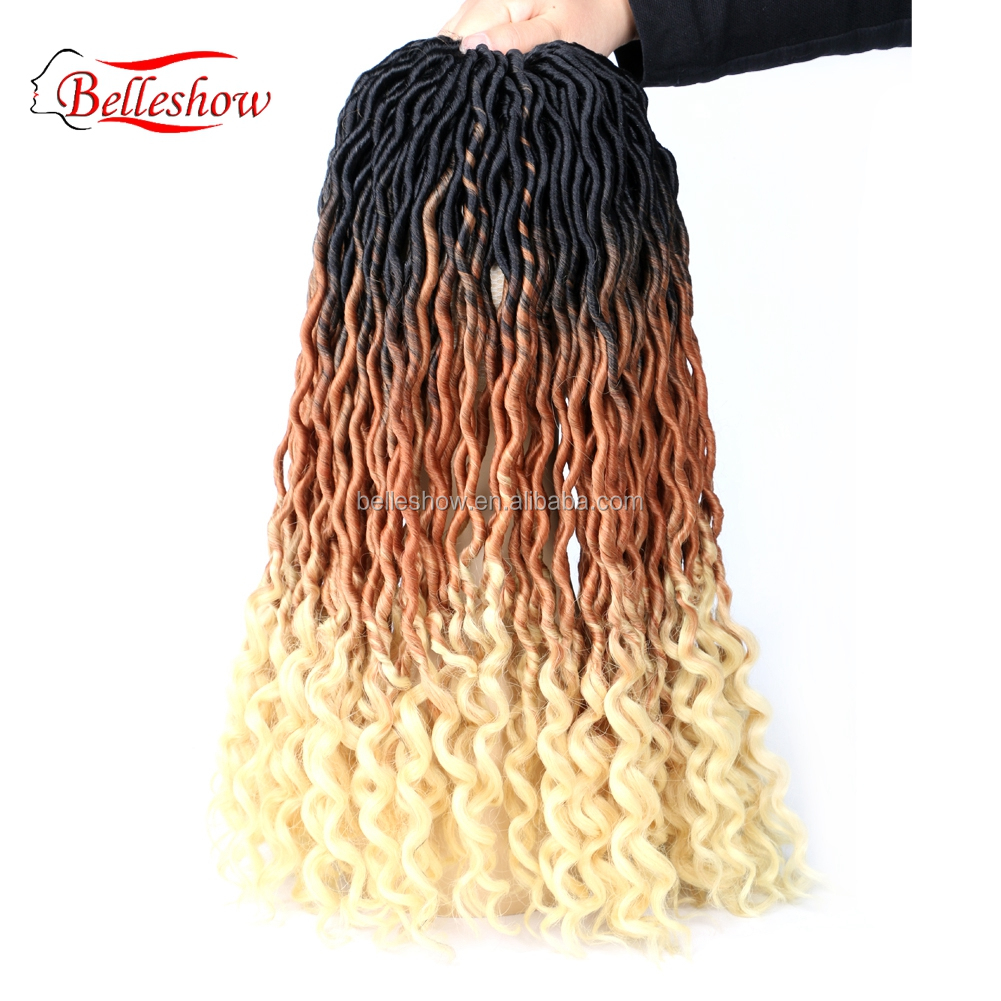 Hot sell wholesale 24 stands ombre color crochet braid hair faux locs with curly ends wavy faux locs crochet goddess faux locs