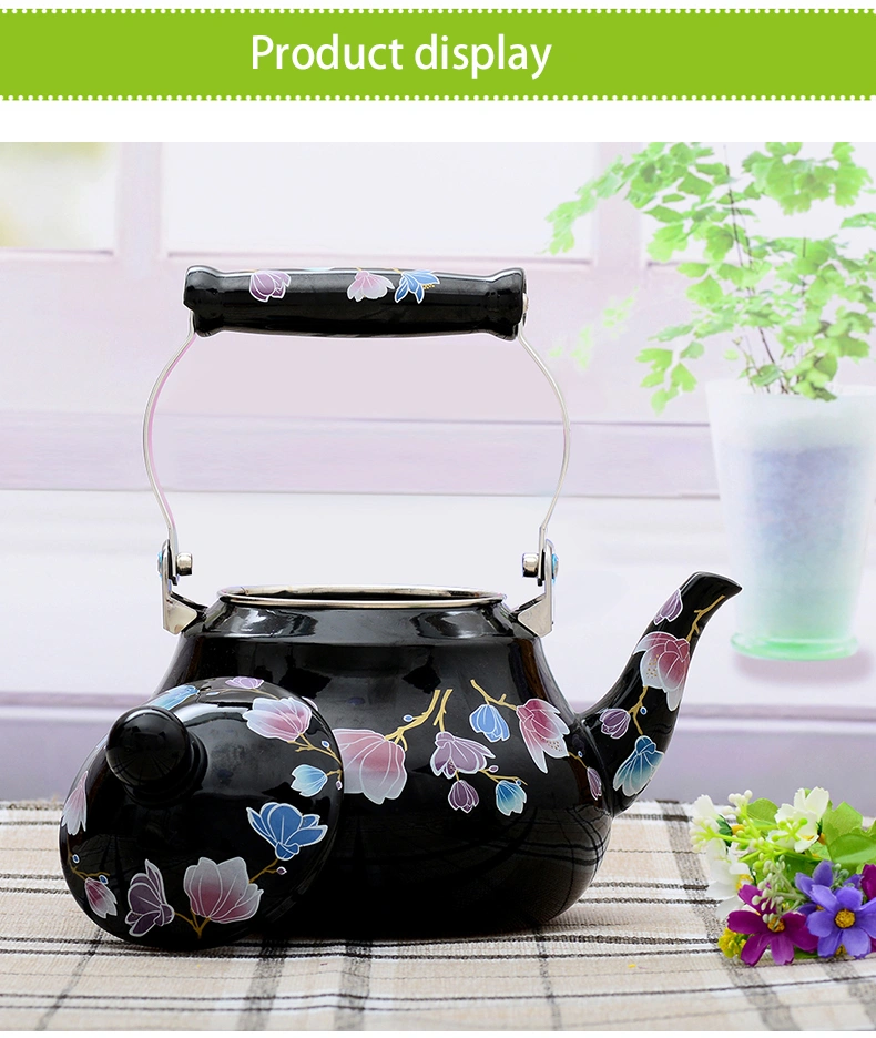 Good Quality Black Flower Decale Tea Pot Pear Shape Enamel Kettle