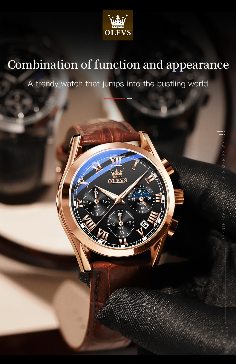 OLEVS 2871 Multifunctional Sports Watches Leather Luxury Fashion Genuine Leather Man Wristwatch Waterproof Luminous Men's Watch
