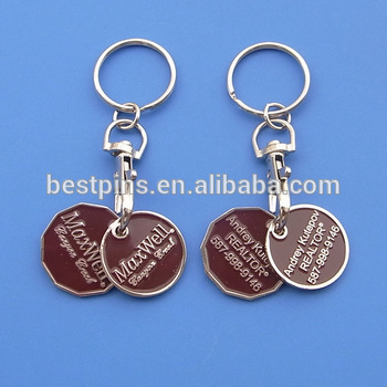 Custom two coins token coin keychain, enamel trolley coin keychain