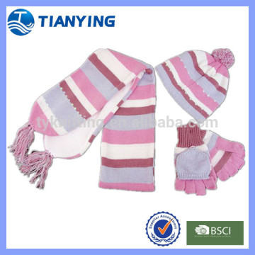 Acrylic knitted stripe scarf hat gloves set