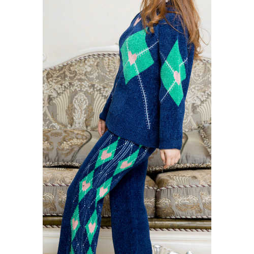 Conjunto de pijama de impressão azul de lã suave