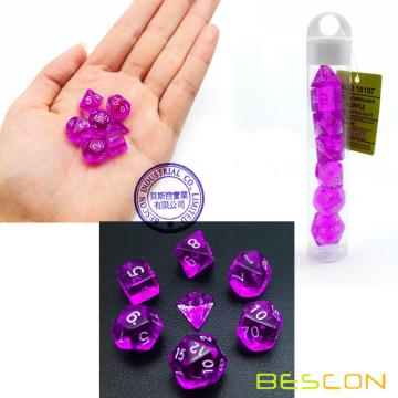 Bescon Mini Translucide Polyédrique RPG Dice Set 10MM, Petit jeu de rôle RPG Dice Set D4-D20 en Tube, Violet Transparent