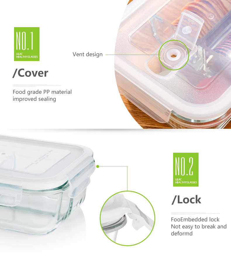 Muestra GRATIS de lila 900 ml / 1000 ml hogares apto para microondas térmico aislado en caliente vidrio transparente hermético contenedor de alimentos de 3 compartimentos