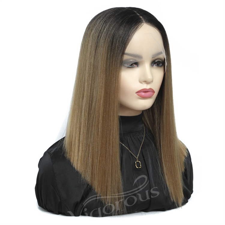 Vigorous wholesale fashion 14 inch cheap price new ombre brown straight handmade short synthetic hair lace front wig