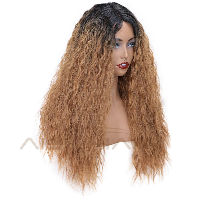 Aisi Hair Heat Resistant Synthetic Fiber Long Wavy Lace Part Wigs Ombre Brown Long Wave Wigs for American African Women