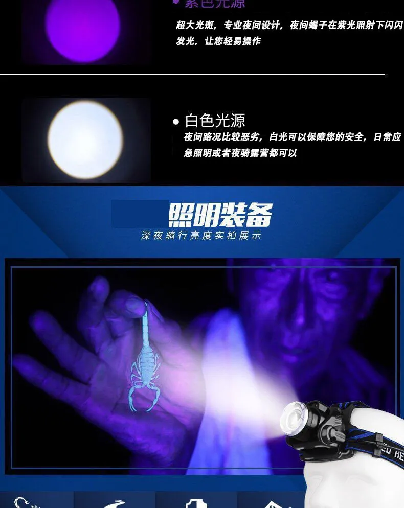 Rechargeable UV Headlamp with 395nm LED for Night Fishing and Scorpion Hunting