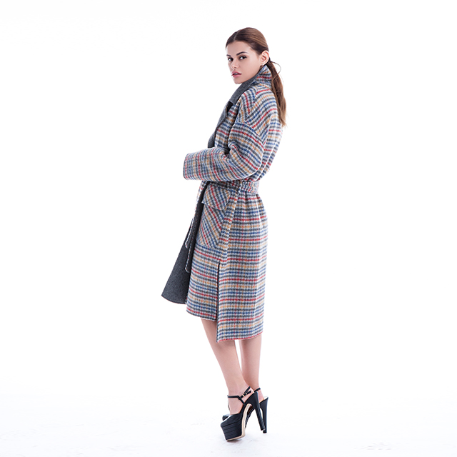 Plaid belt cashmere coat