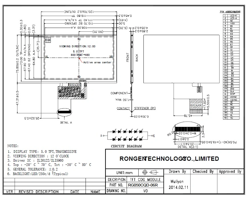 Rg050cqd-06r Used in Camera/PDA/POS 5.0 Inch 800X480 LCD Display