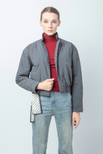 Gray-Blue Short Cotton Padded Jacket with Round Neck
