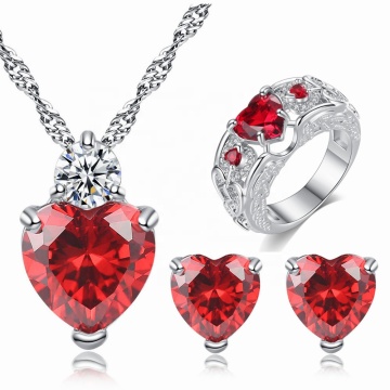 Pomegranate Red Peach Heart Zircon Pendant Engagement Jewelry Sets for Women