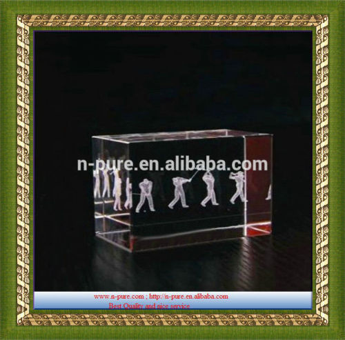 2015 cheap high quality crystal cube with golf player 3d engraved