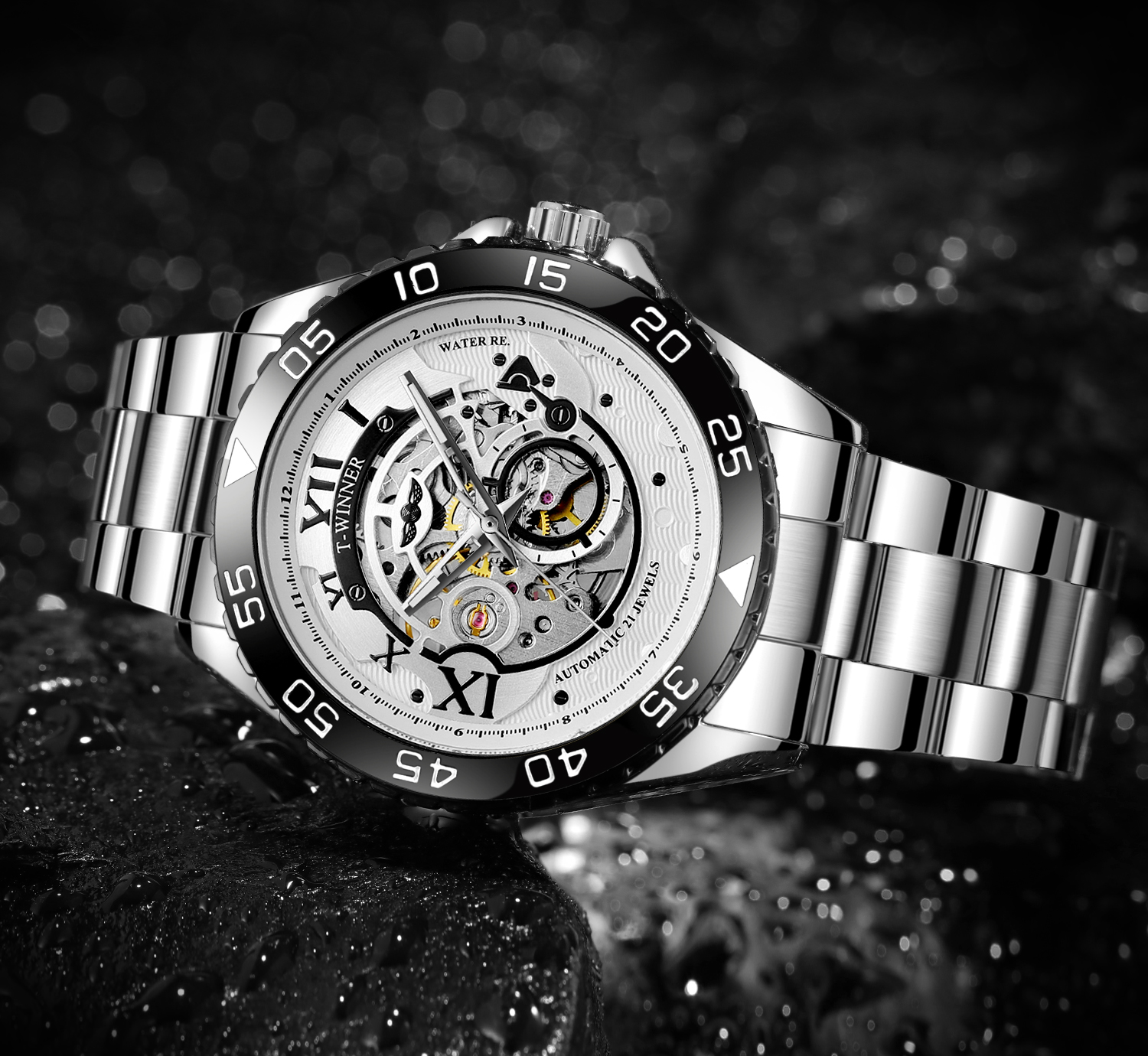Winner 8193 Stainless Steel Mens Automatic Watches Skeleton Water Proof Winner Watch Mechanical