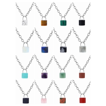 Gemstone Lock Shape Key Chain Necklace Stainless Steel Chain Necklace for Men Women