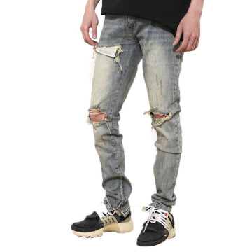 Washed stretch ripped jeans men trousers zipper mens jeans slim fit