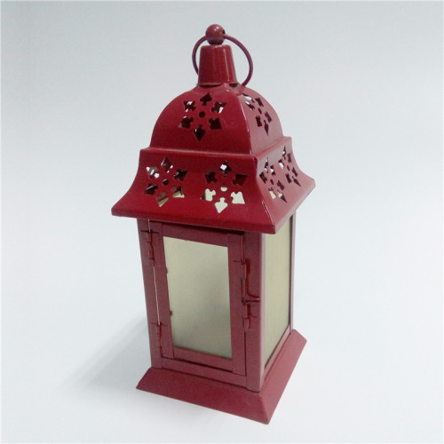 Metal Red Small Glass Hurricane Solar Lantern