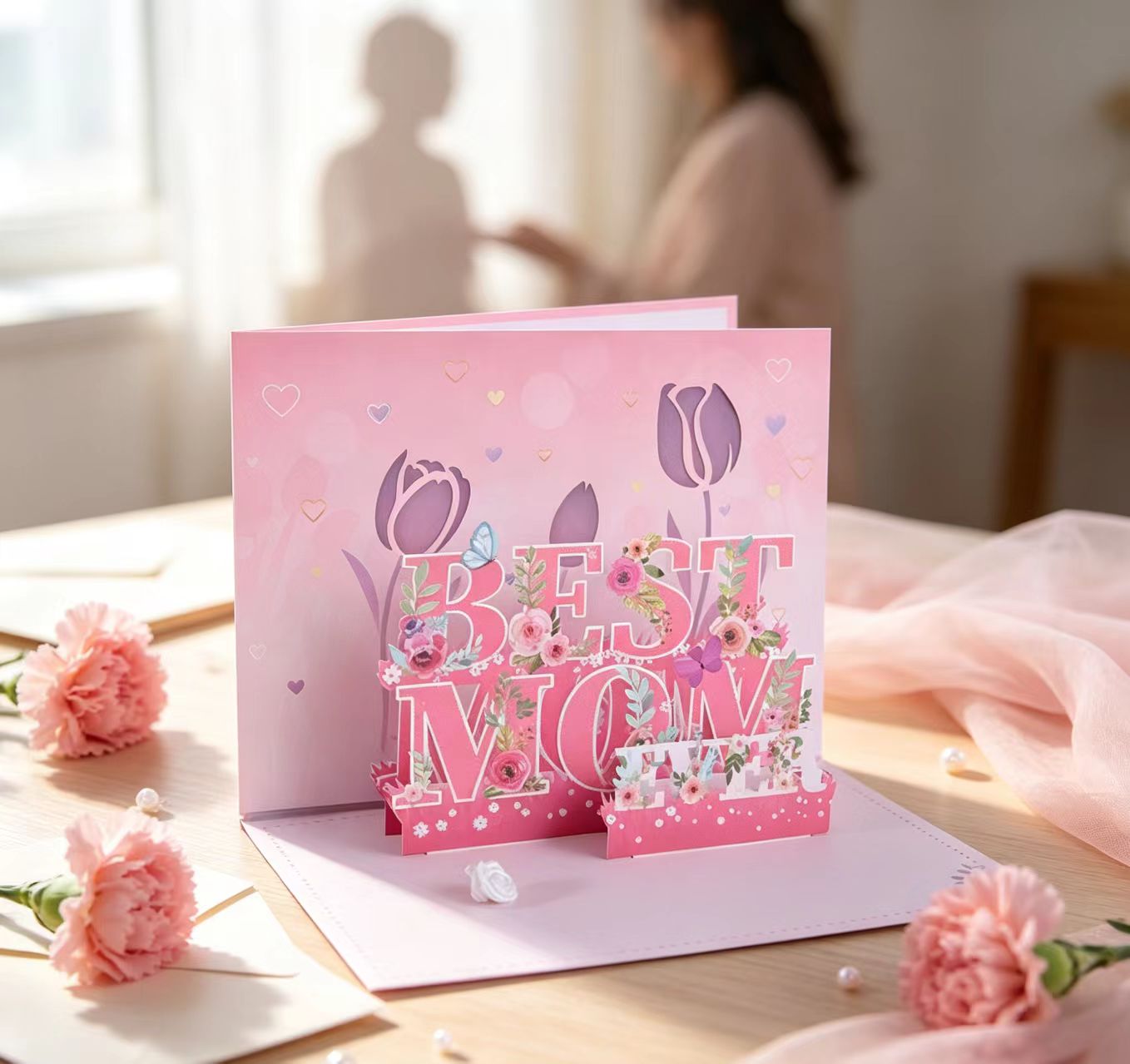 Wyskakująca karta z okazji dnia matki z różowym kwiatem pink flower mother's day pop up card