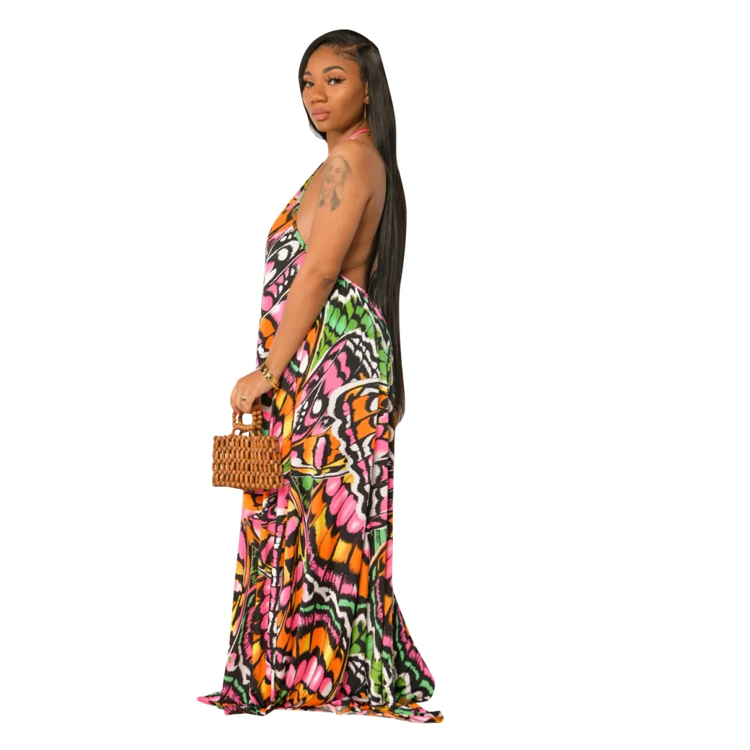L51695 New Arrival Streetwear Women Sexy Drawstring Casual Pattern Print Halter Maxi Dress
