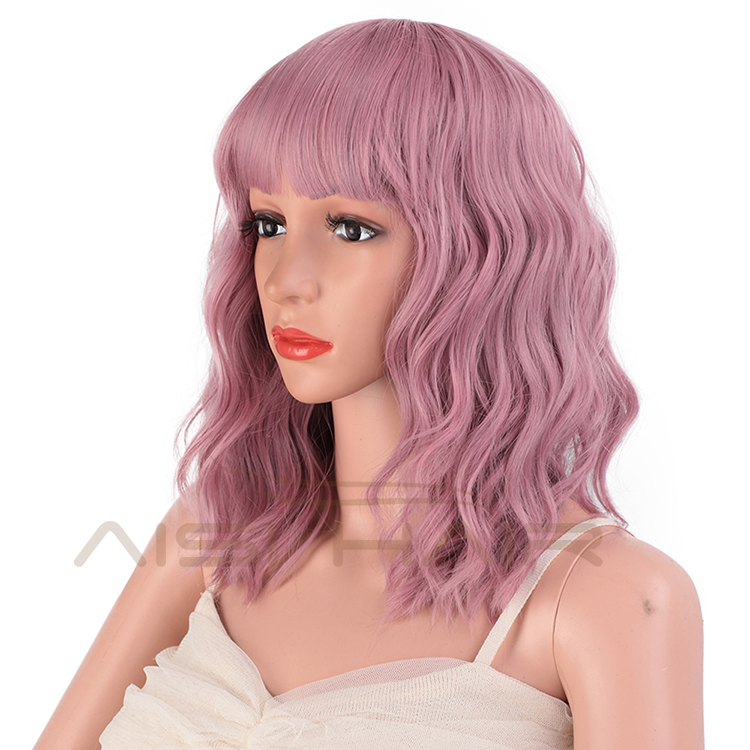 Aisi Hair Wholesale Hign Quality Synthetic Short Bob Pink Wig With Neat Bangs Short Curly Wave Wigs For Black Women