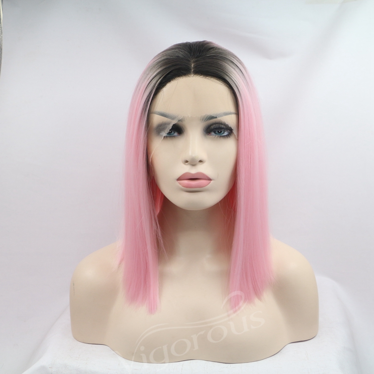 Straight Bob Ombre Lovely Pink Wig Synthetic Black Color Wig Short Pixie Cut Lace Front Wig Women 16 Inch Middle Part