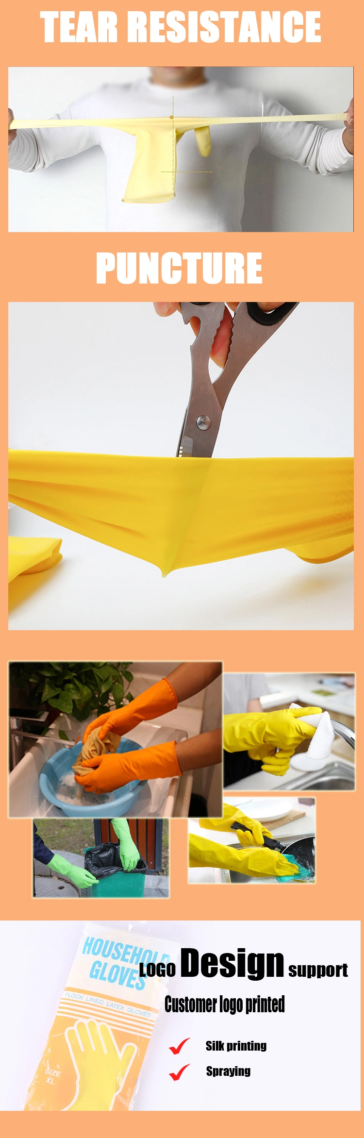 Latex Gloves with Long Cuff and Diamond Grip for Household Cleaning