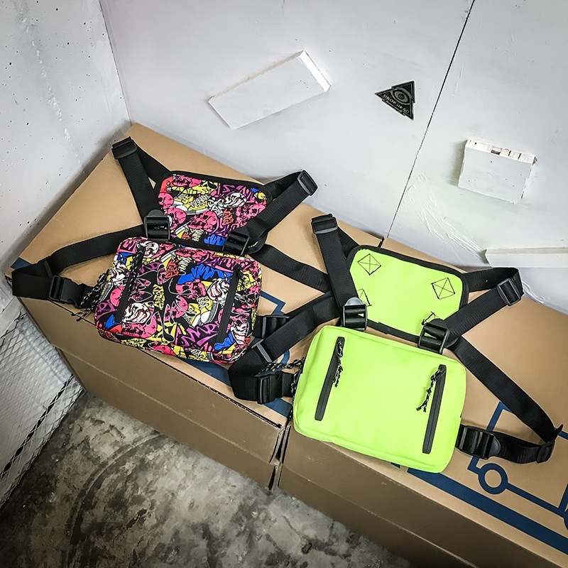 Custom logo neon green color graffiti pattern 3M reflective logo hip hop tactical universal chest rig bag men