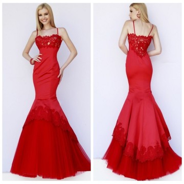 long red lace strap mermaid satin women's evening dress