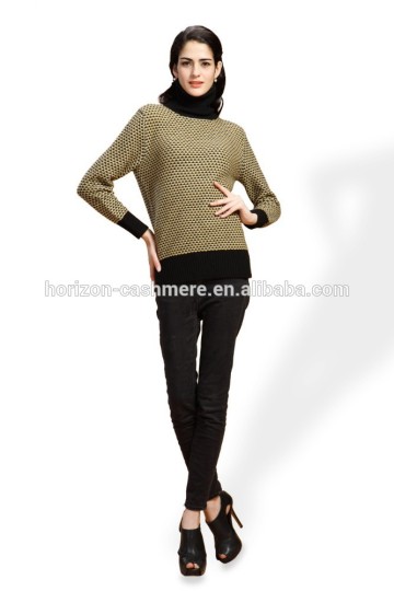 Women Jacquard Knitting Cashmere Sweater, Ladies Delicate Black Neck Sweater