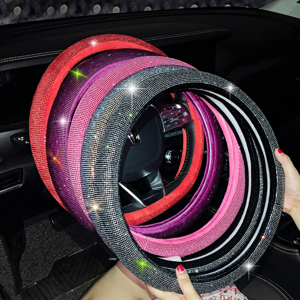 Bling Rhinestones Steering Wheel Cover with Crystal Diamond Sparkling Car SUV Breathable Anti-Slip Steering Wheel Protector
