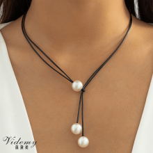 Minimalist Black Wax Cord Imitation Pearl Pendant Necklace