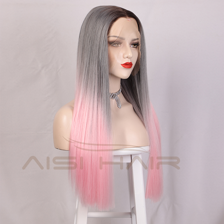 Aisi Hair Wholesale Long Silky Straight Ombre Pink Dark Root Lace Wig Middle Part Synthetic Hair Lace Frontal Wigs For Women