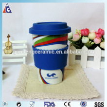 Travel ceramic cup coffee with silicone lid and sleeve
