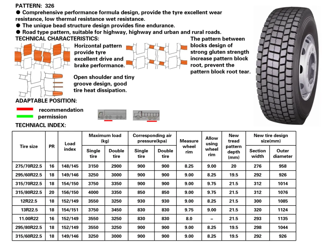 Longmarch Truck Tyre, Lm326, 11.00r22, 275/70r22.5, 315/80r22.5, 315/70r22.5, 295/60r22.5