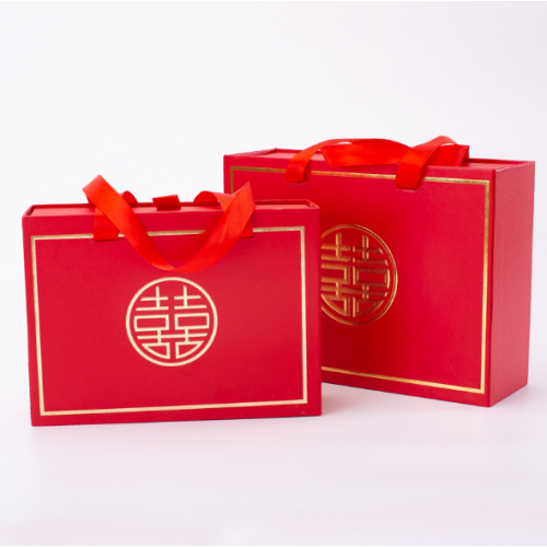 Red Wedding Gift Box with Handle Gold Foil