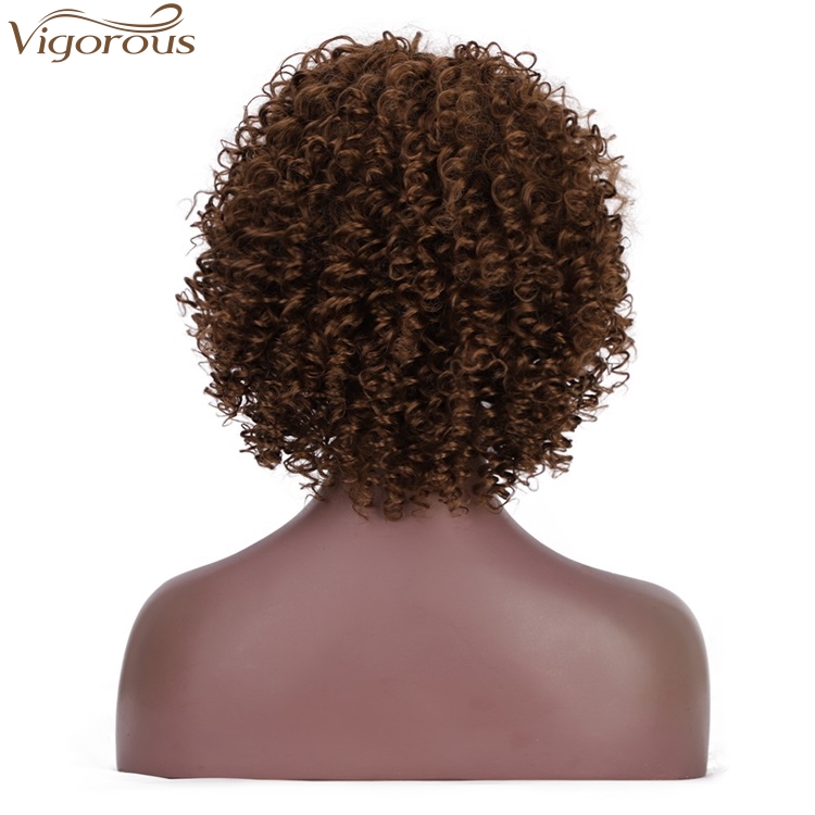 Vigorous 14 inches Afro Kinky Curly Wig With Bangs Synthetic Wig Short Brown Color Wigs for Black Women High Temperature Hair