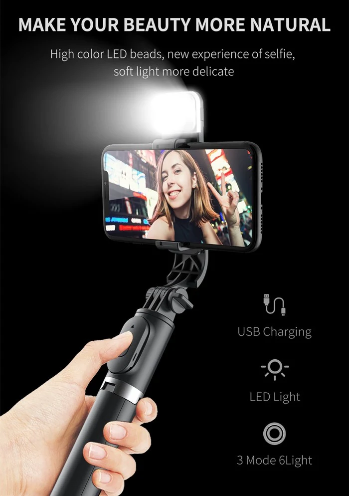 Q03s LED Light Foldable Tripod Bluetooth Selfie Stick with Telescopic Pole