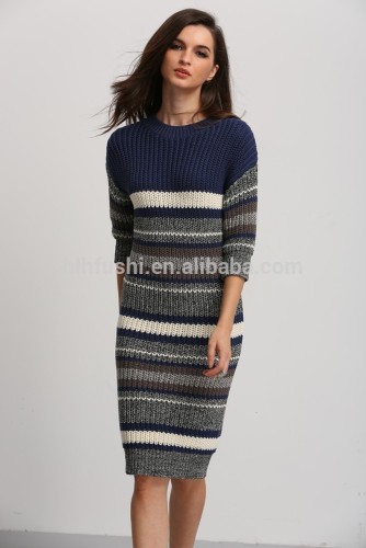 clothing factory 2016 winter latest stripe pullover long knitted dress sweater designs for women