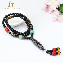 Nine Eyes Dzi Agate & Black Chalcedony Barrel Shape Necklace: Precious Stone Jewelry Collection