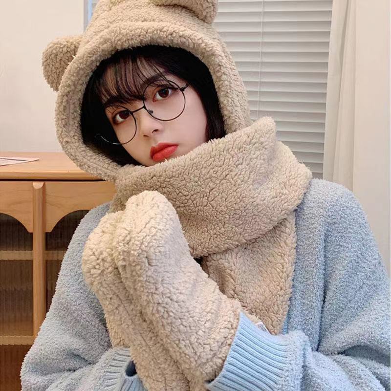 Bear Hat Winter All-matching Korean Cute Plush Scarf One-piece Hat Three-piece Suit