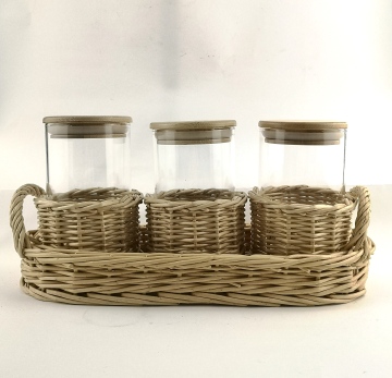 Rattan Wrapped Glass Storage Jar Set