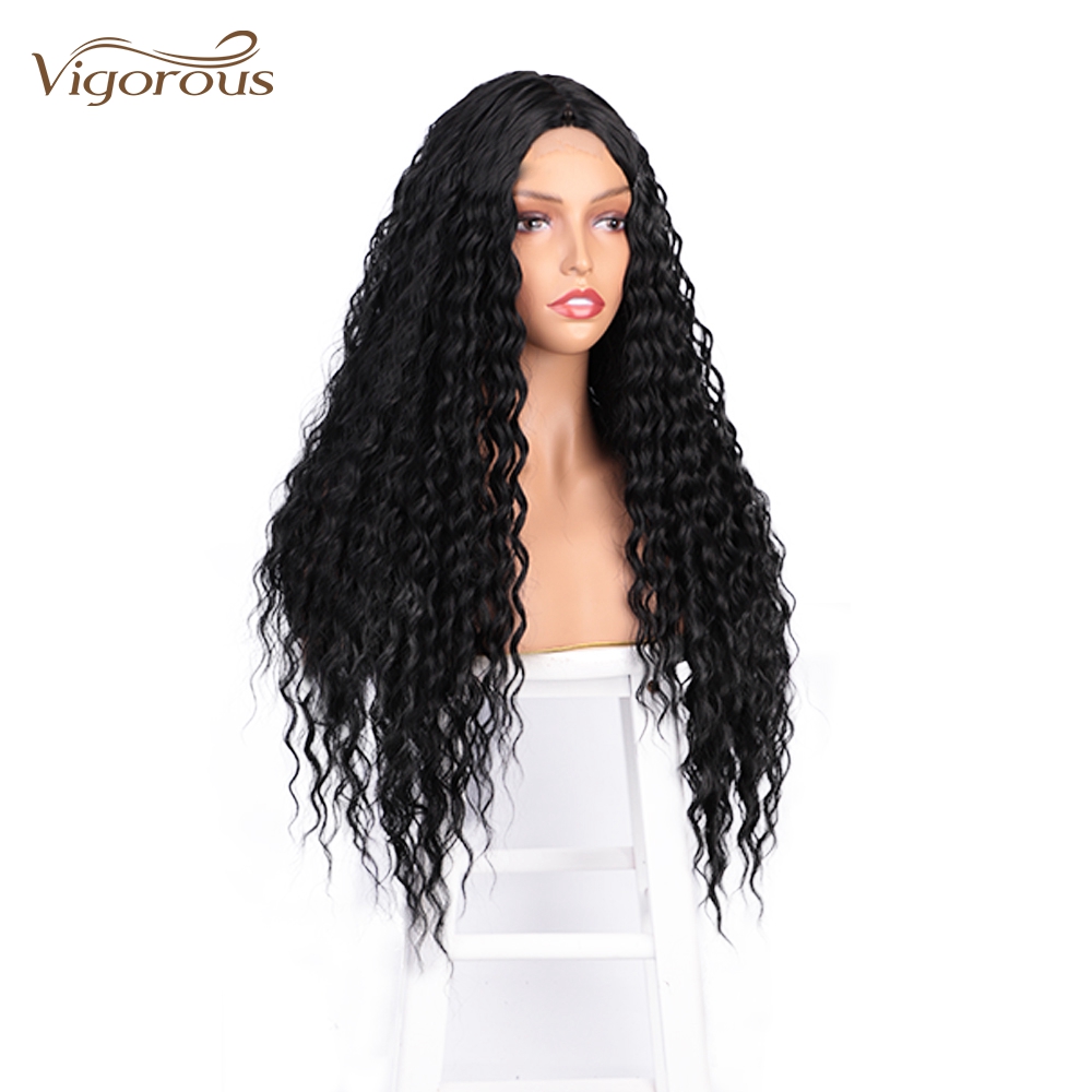 Vigorous Cheap Price Long Jerry Curl Black Heat Resistant Fiber Middle Part Natural Hairline For Black Women Synthetic Hair Wigs